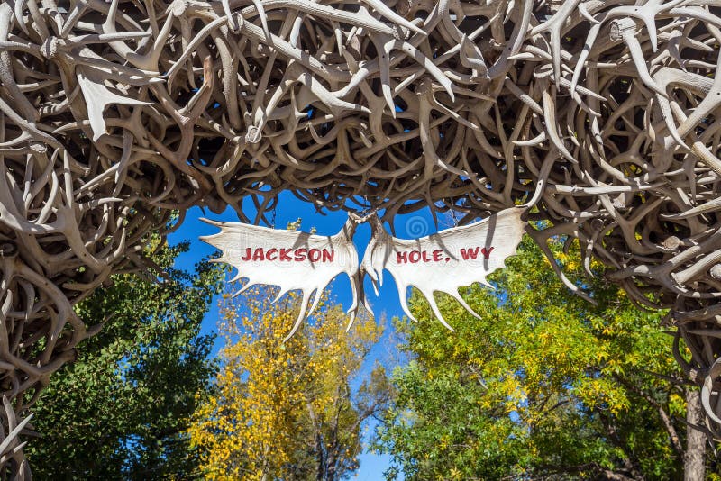 Large elk antler arches curve over Jackson Hole, Wyoming