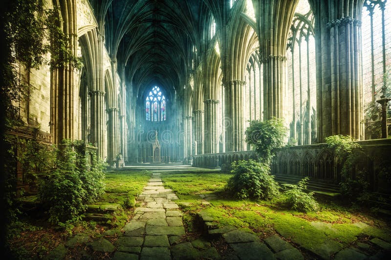 A large, empty cathedral with high ceilings and stained glass windows. stock photo