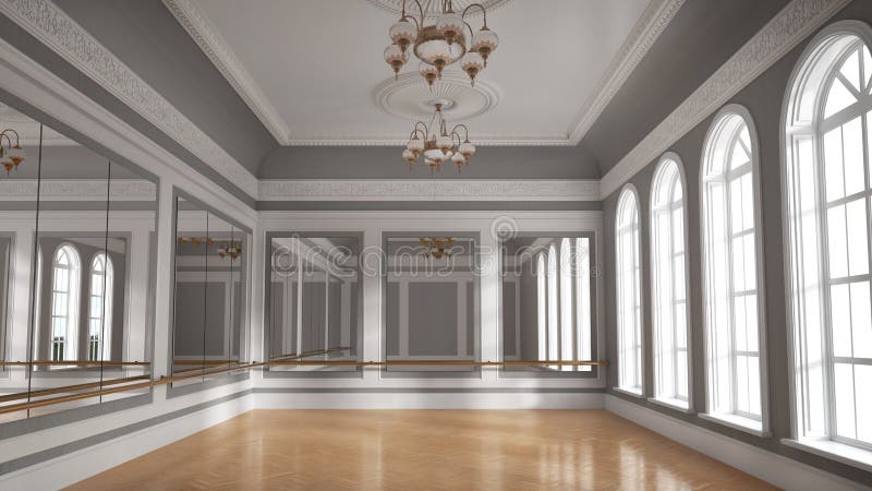 Large empty hall with wooden floors, large windows and mirrors. Dance studio. 3d illustration