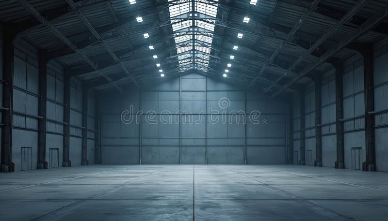 Large empty industrial hangar. Interior metal structure ceiling, skylight. Spacious modern warehouse storage building. stock illustration