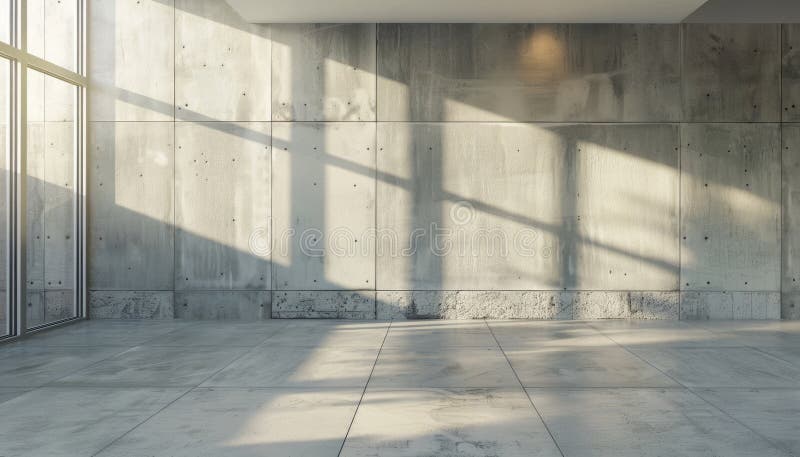 A large, empty room with a concrete wall and a window by AI generated image.