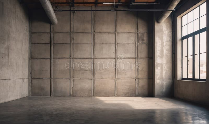 A large, empty room with concrete walls and a large window royalty free stock image