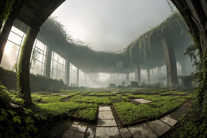 A large, empty room with a high ceiling and large windows on either side. stock photo