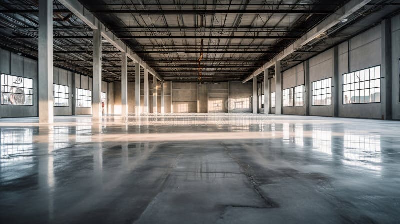 A Large Empty Warehouse with Lots of Windows. Generative AI Image