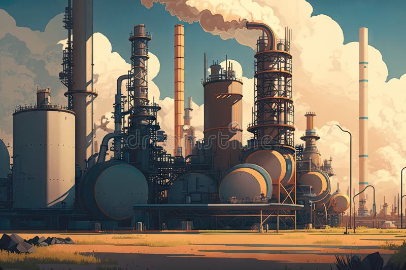 Large factory for production and processing of petroleum products at refinery complex vector illustration