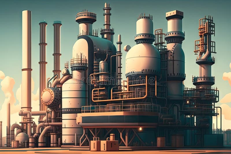 Large factory for production and processing of petroleum products at refinery complex stock illustration