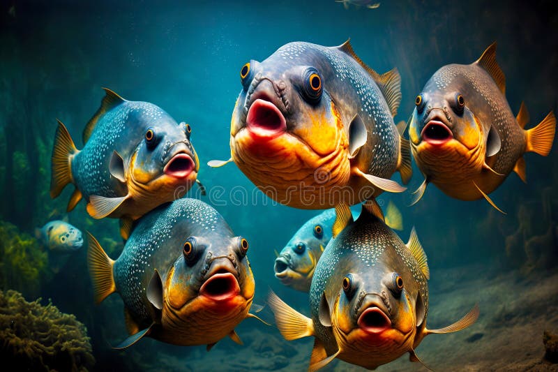 Large flock of fish consisting of fast aggressive piranhas, created with generative ai