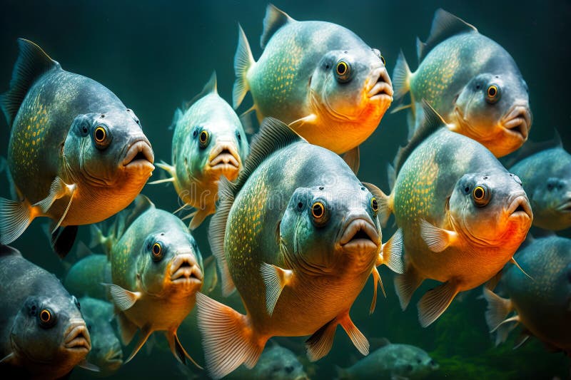 Large flock of fish consisting of fast aggressive piranhas, created with generative ai