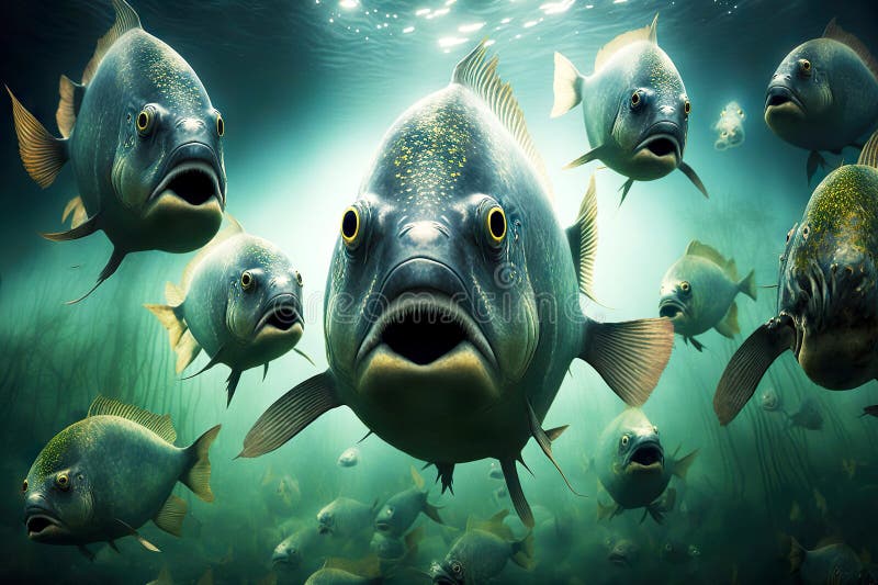 Large flock of fish consisting of vicious aggressive piranhas, created with generative ai