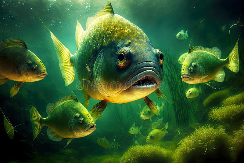 Large flock of small and large piranhas swims among algae, created with generative ai