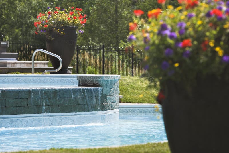 Large flower pots around a swimming pool