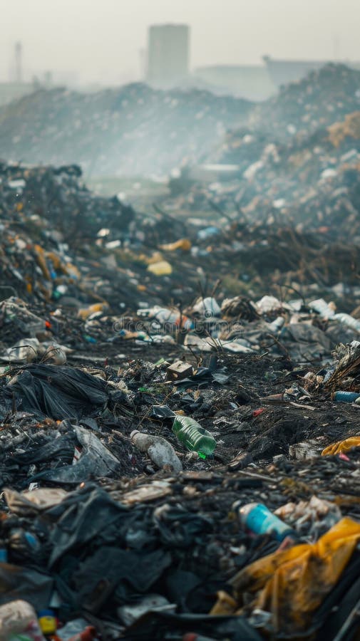 A Large Garbage Dump Under a Hazy Sky, Environmental Pollution Concept