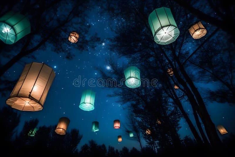 A Large Group of Chinese Flying Lanterns. Neural Network AI Generated
