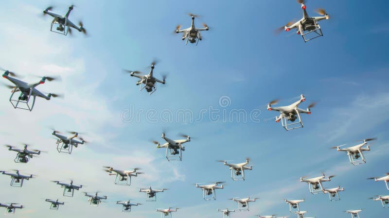 A large group of drones flying in a clear blue sky. The scene showcases multiple quadcopters in various positions stock image