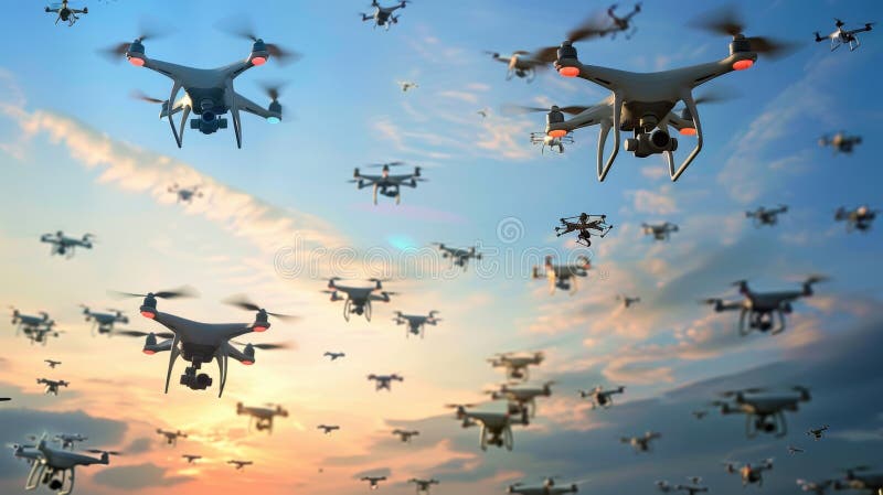 A large group of drones flying in the sky during sunset. The scene shows numerous quadcopters against a colorful sky stock photography