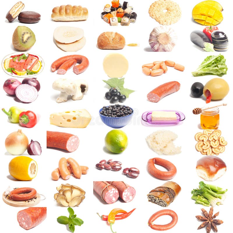 Large Group of Food on White Background. Stock Image - Image of beef
