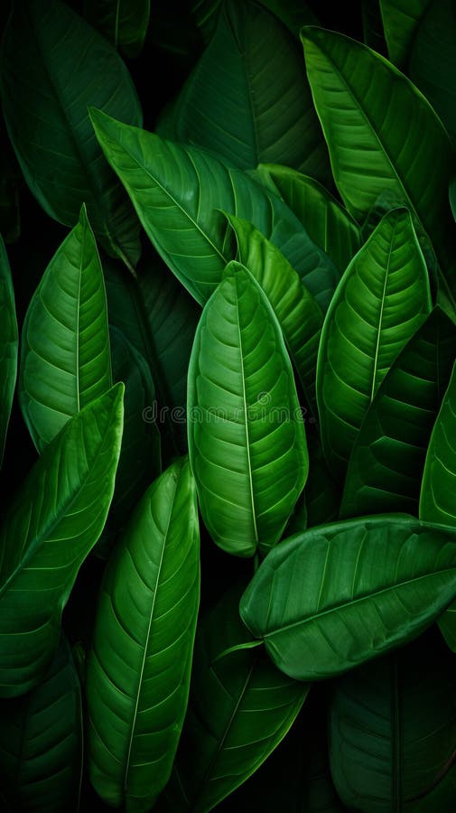 A Large Group of Green Leaves on a Black Background Stock Illustration