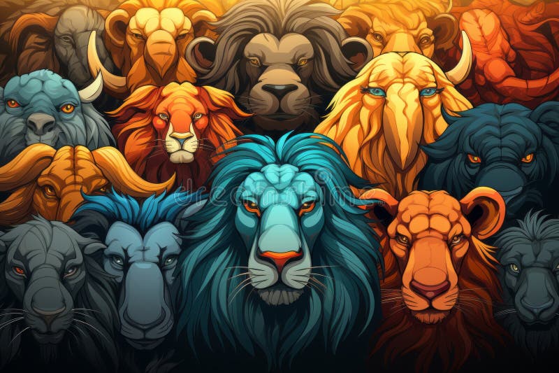 A Large Group of Lions and Other Animals in Different Colors Stock ...