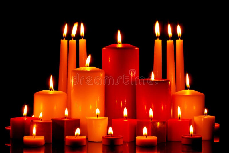 Large Group of Mixed Candles Burning Stock Photo Image of life, glow