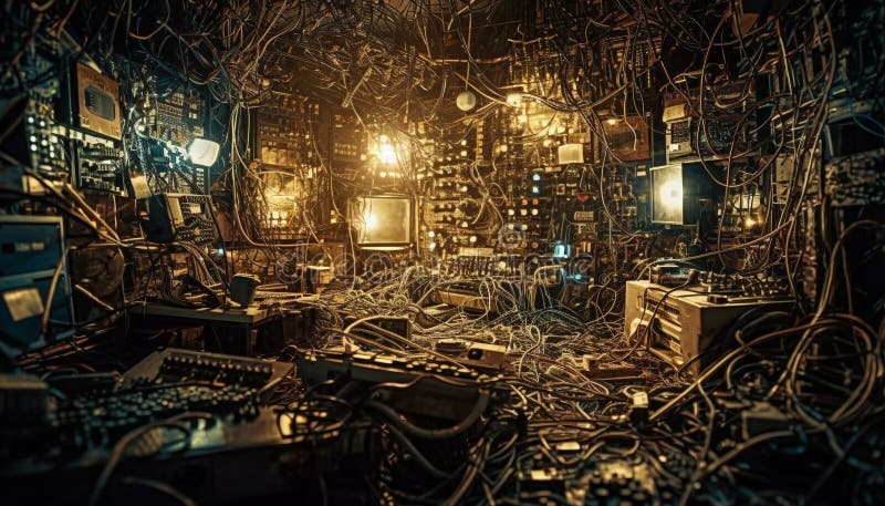 Large group of objects illuminated inside old factory workshop generated by AI