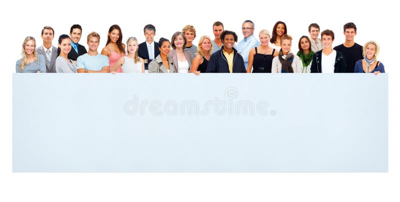 Large group of people holding an empty billboard stock photo