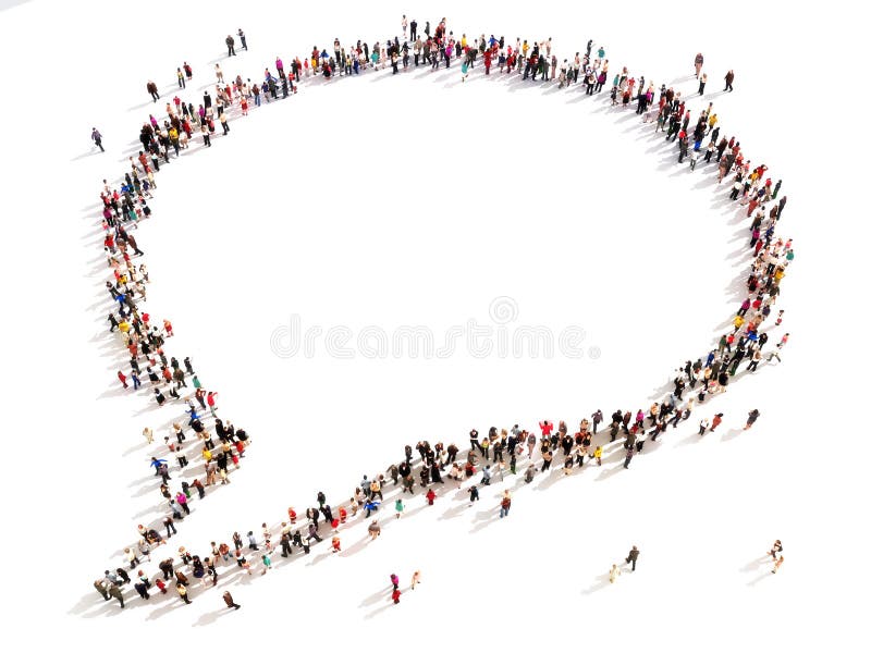 Large group of people in the shape of a chat bubble. High angle view on a white background.