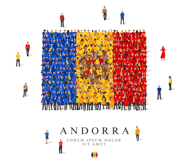 A large group of people are standing in blue, yellow and red robes, symbolizing the flag of Andorra vector illustration