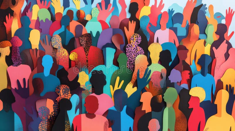 A large group of people with their hands up royalty free illustration