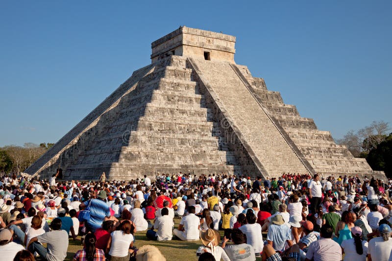 Large Group of People Watching the Spring Equinox at Chichen Itza Kukulcan Temple