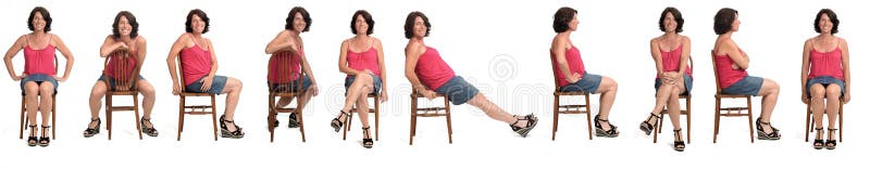 Large group of same woman in skirt sitting on white background.