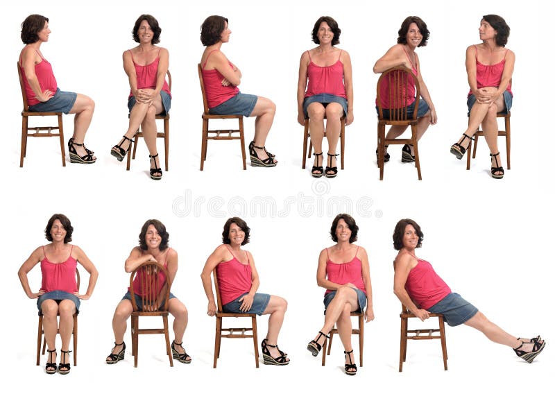 Large group of same woman in skirt sitting on white background.