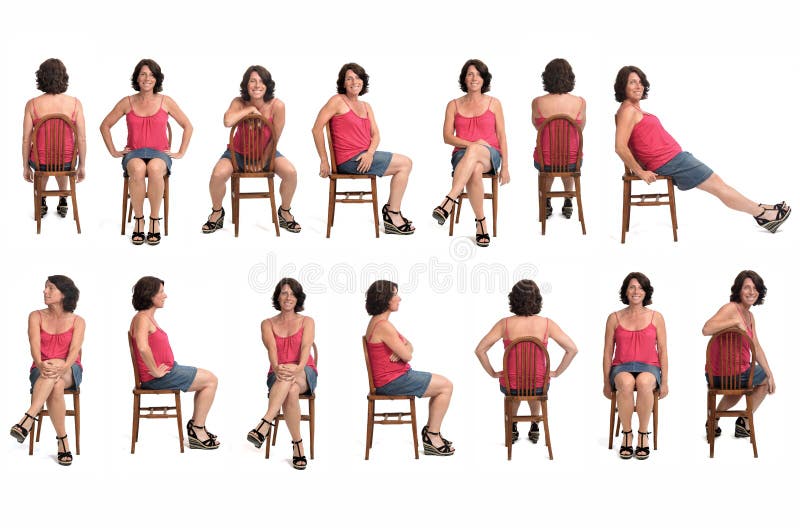 Large group of same woman in skirt sitting on white background, front,side and rear view.