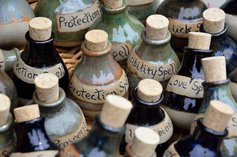 Large group of spell bottles stock image