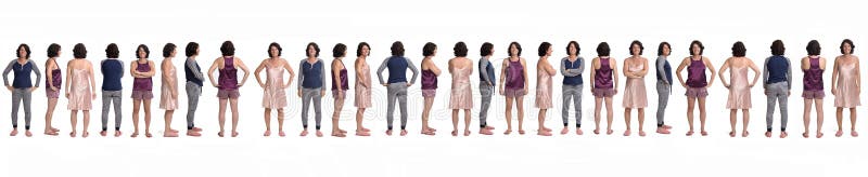 Large group of various photos of the same woman with sleepwear on white background, front, rear and side view.