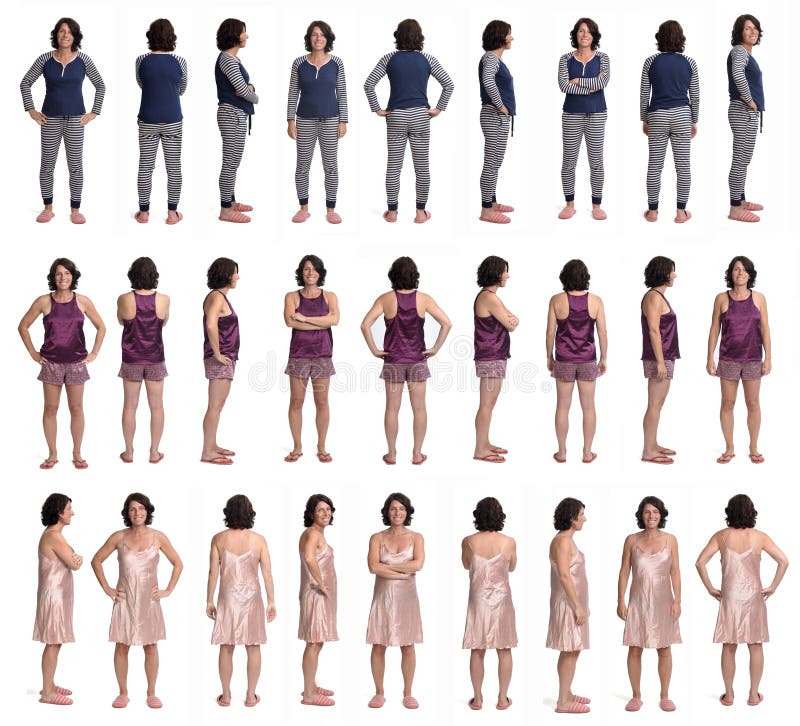 Large group of various photos of the same woman with sleepwear on white background, front, rear and side view.