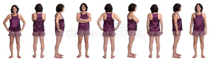 Large group of woman with back, side and front view of a same woman summer short pajamas on white background.