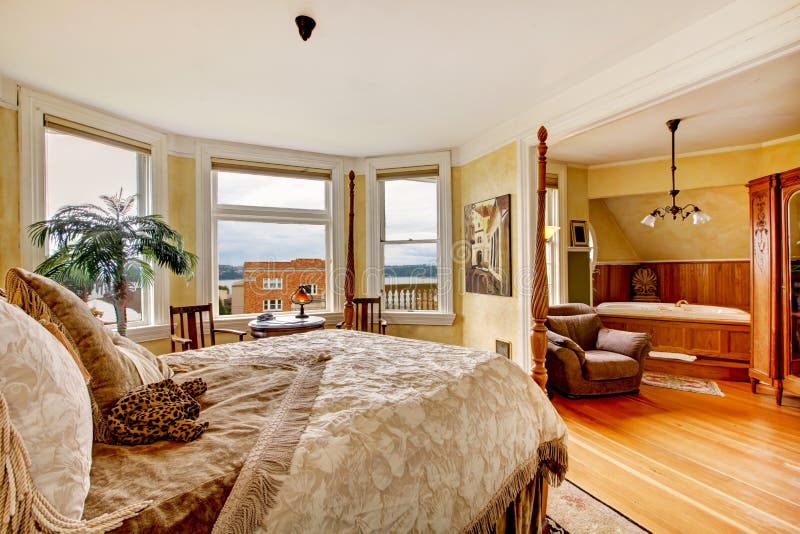 Large historical Inn room interior bedroom