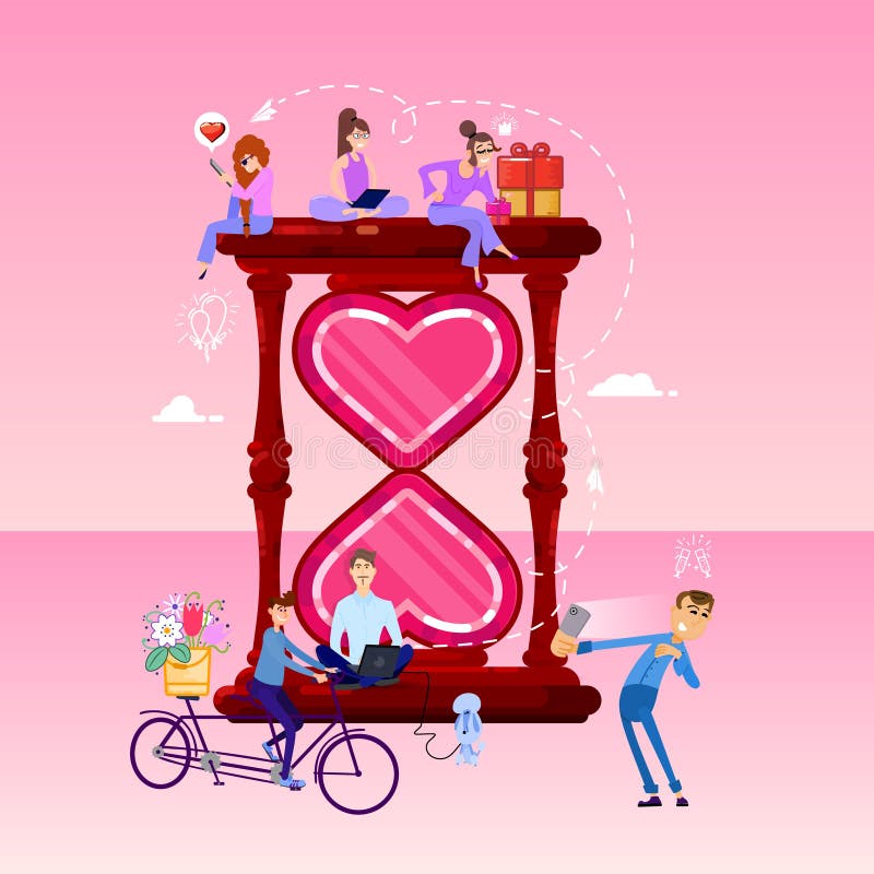 A large hour glass shaped like a heart and tiny people around. pink romantic template. flat design style vector graphic stock illustration A large hour glass shaped like a heart and tiny people around. pink romantic template. flat design style vector graphic stock illustration