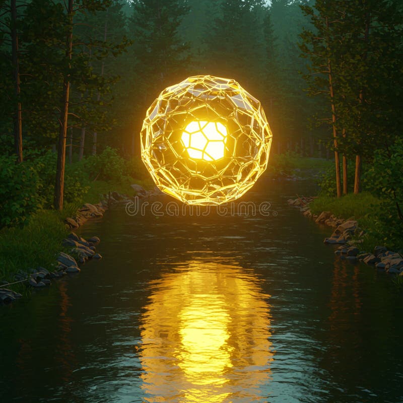 A large, illuminated geometric structure floats above a narrow river, reflecting its vector illustration