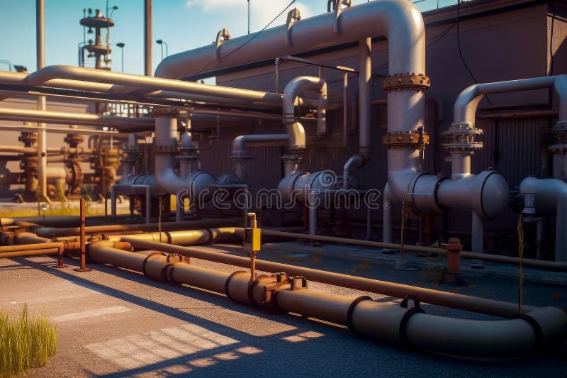 Large Industrial Area with Pipes and Valves. Generative AI Stock Image