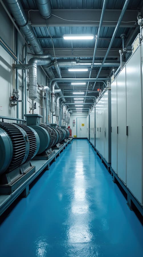 Large Industrial Refrigeration Room with Motors and Water Pipes Stock