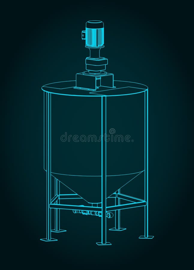 Stylized vector illustration of isometric blueprint of large industrial tank mixer. Large agitator vectors