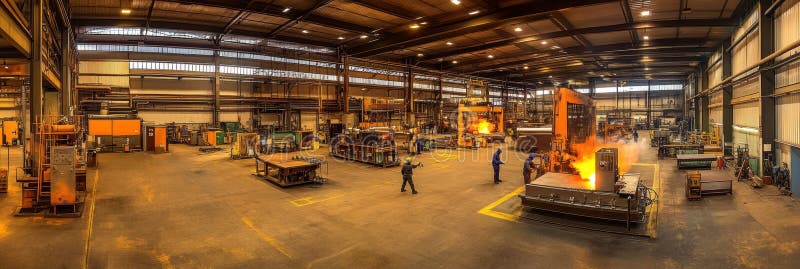 In a large industrial workshop, several workers are actively engaged in welding as sparks fly around them, creating a stock images
