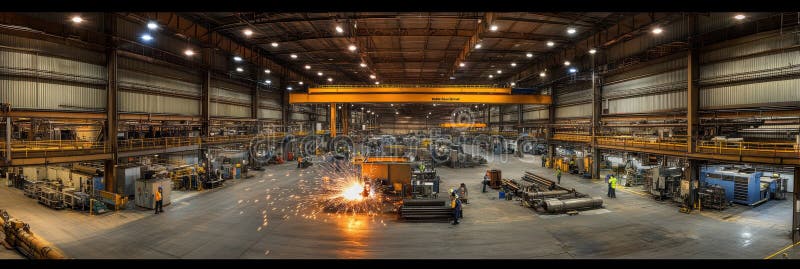 In a large industrial workshop, workers are actively engaged in welding, creating bright sparks throughout the facility stock photography
