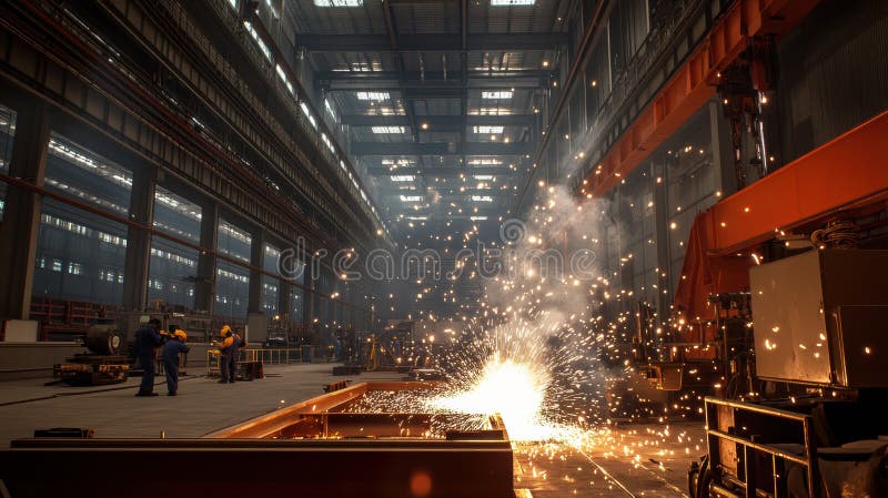 In a large industrial workshop, workers are actively welding, generating bright sparks and showcasing skilled stock images
