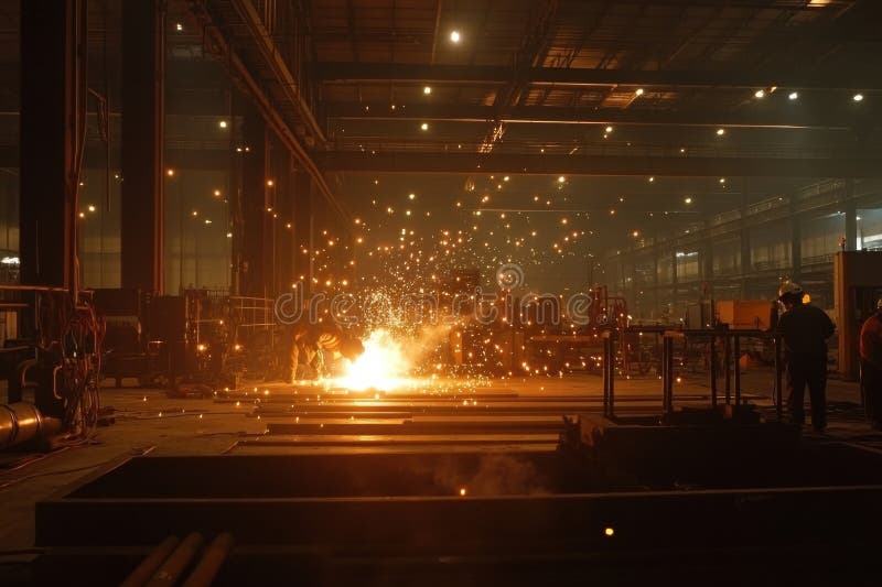 In a large industrial workshop, workers are actively welding, producing bright sparks while engaged in their tasks royalty free stock photography