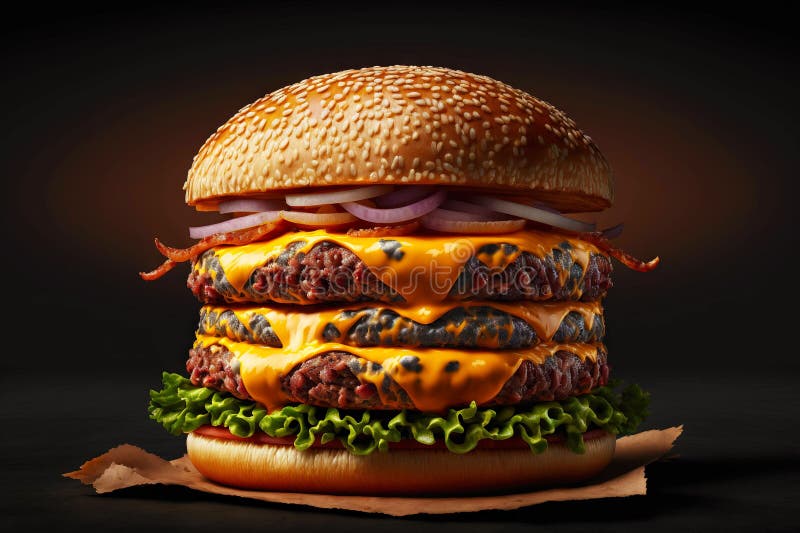 Large Juicy Burger with Three Beef Cutlets and Layers of Melted Cheese Stock Illustration