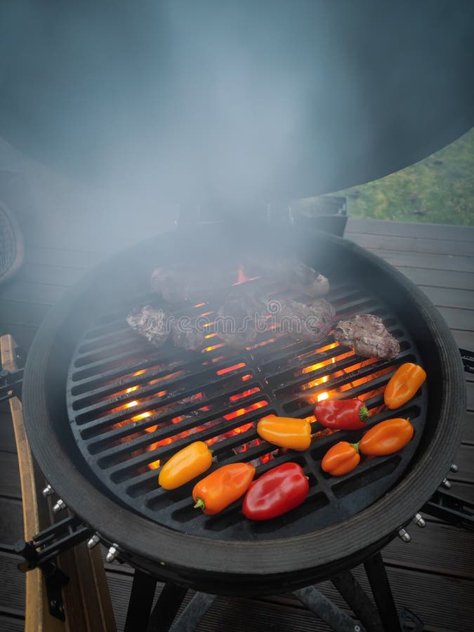 Large Kamado Type Barbeque Grill with Filet Mignon Steaks and