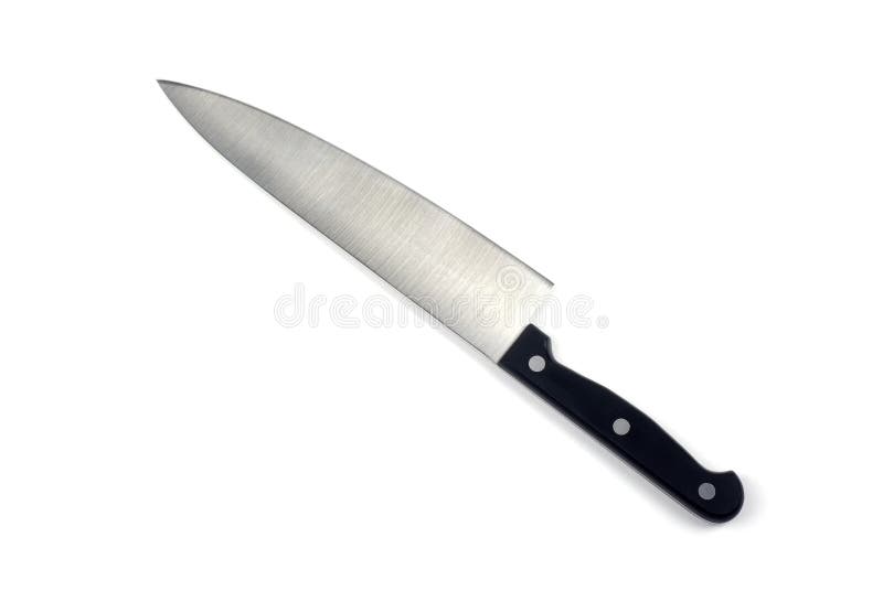 Large kitchen knife isolated on white background chef tool sharp stainless steel metal blade black handle cook utensil butcher cut