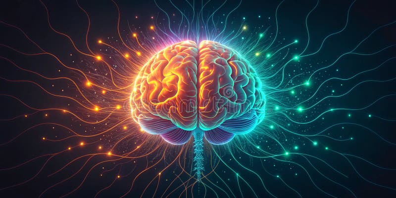 Large language model artificial intelligence optimization Abstract brain with glowing synapses, symbolizing intelligence and stock illustration